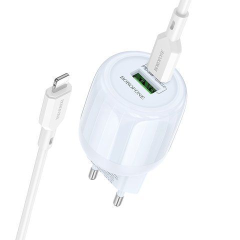 СЗУ Borofone BA94A Lustrous PD30W+QC3.0 (1USB-A/1C) + кабель Type-C to Lightning Blue 76756 фото