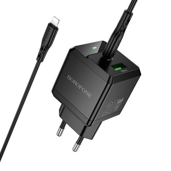 СЗУ Borofone BN19 Intenso PD20W+QC3.0 (1USB-A/1C) + кабель Type-C to Lightning Black 86483 фото