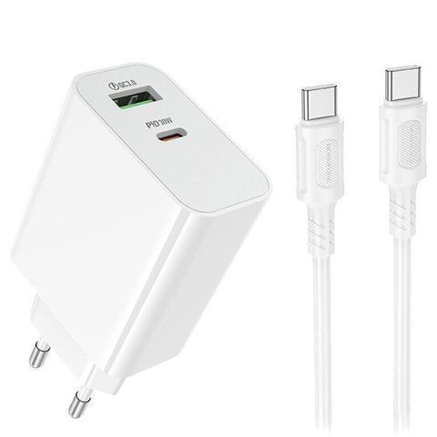 СЗУ Borofone BA108A Stellar PD30W+QC3.0 (1USB-A/1C) + кабель Type-C to Type-C White 86492 фото