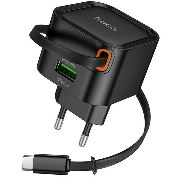 СЗУ Hoco C154A Changer PD20W+QC3.0 (1USB-A/1C) + Retractable Cable Type-C Black 81813 фото